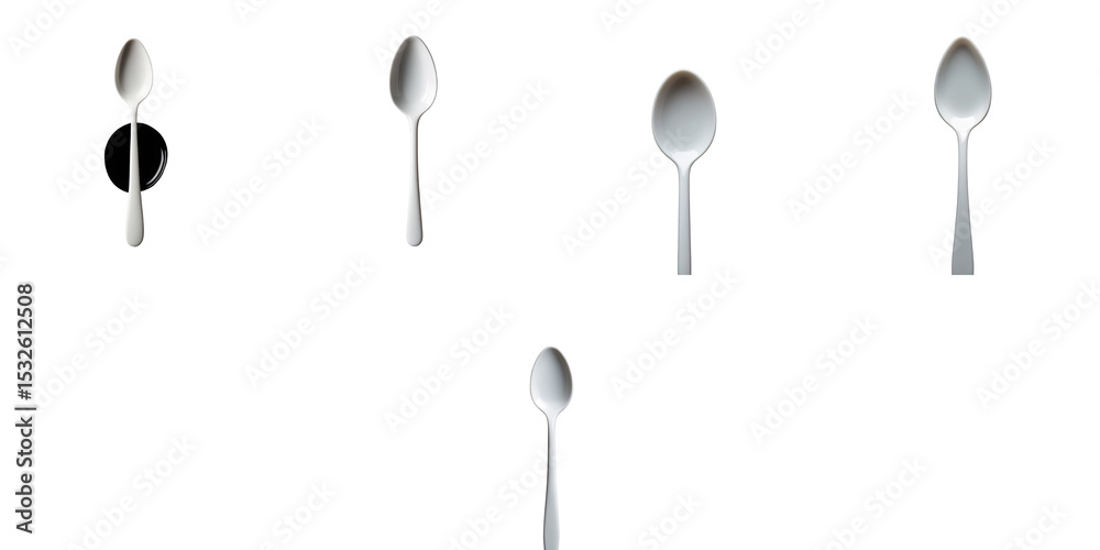 Set of five transparent spoons arranged on a transparent background demonstrating various angles and perspectives with complete isolation to emphasize their shapes and reflections. Set of five transparent spoons arranged on a transparent background demonstrating various angles and perspectives with complete isolation to emphasize their shapes and reflections.