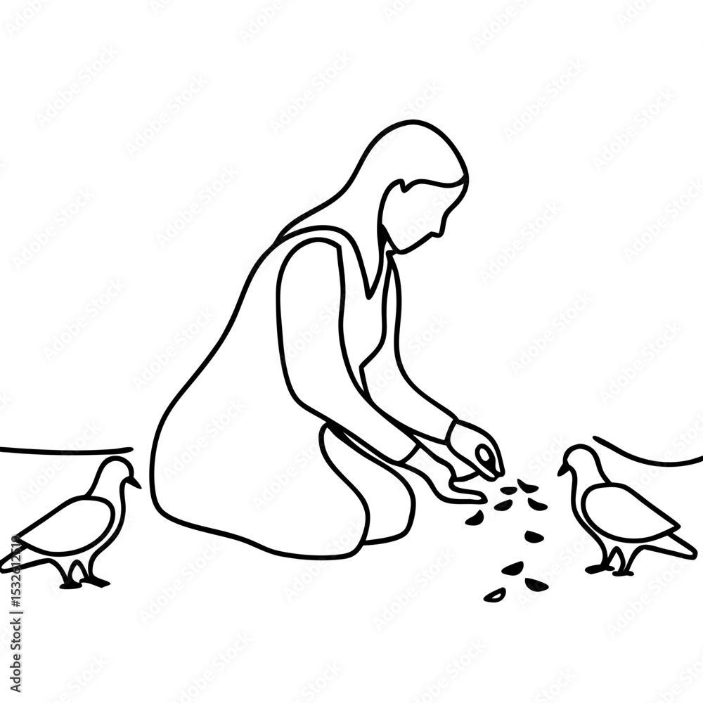 Obraz premium Woman feeding pigeons in city square. Peaceful scene depicts woman kneeling, scattering seeds for birds. Simple line drawing ideal for children's books, nature illustrations, or city life concepts.