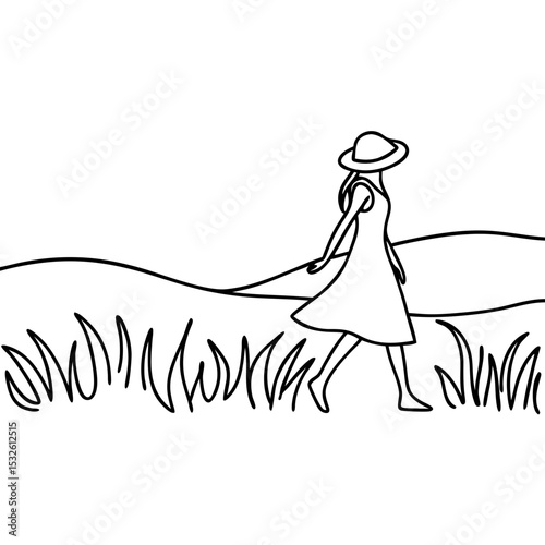 Woman in sun hat strolls through grassy field.  Elegant woman in simple dress walks across rolling hills. Peaceful summer scene depicting carefree woman enjoying nature.