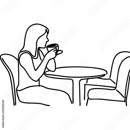 Woman enjoying coffee at cafe. Casual morning coffee break at small table. Young woman sits comfortably sipping hot beverage.