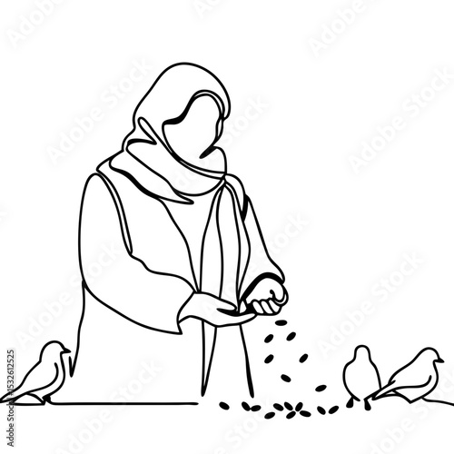 Woman feeding pigeons in city square. Peaceful scene depicts woman in headscarf gently scattering seeds for birds. Serene image perfect for illustrating kindness, compassion, and urban wildlife.