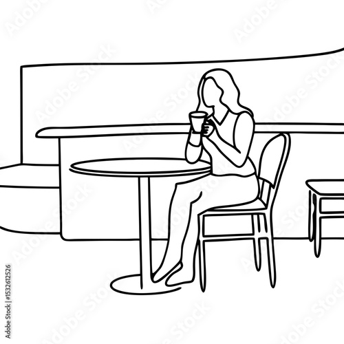 Woman enjoys coffee at cafe. Relaxed woman sipping hot drink at small table. Person sits at cafe enjoying morning beverage. This image is perfect for cafe advertising and menu design.