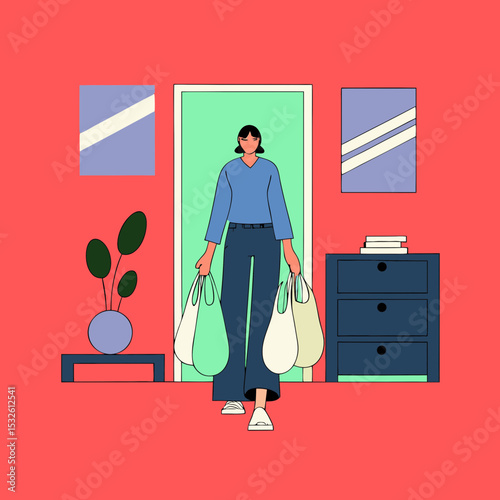Woman entering home carrying grocery bags. Person bringing groceries inside after shopping. Stylish illustration depicting woman with shopping bags, perfect for blog posts, articles, or social media.