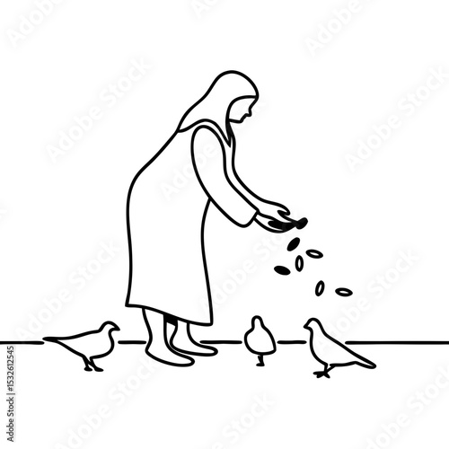 Woman feeding pigeons in city square. Gentle scene depicts woman in long robe scattering seeds for birds.