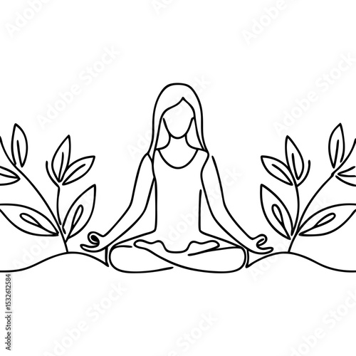 Woman meditating in nature, serene yoga pose surrounded by leaves.  Peaceful meditation practice outdoors, perfect for wellness websites, mindfulness apps, and yoga studios.