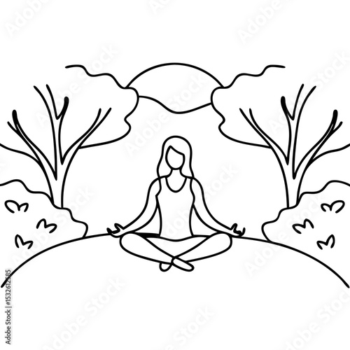 Woman meditating in nature at sunset. Peaceful woman in lotus position surrounded by trees. Serene nature scene perfect for wellness websites, yoga studios, and meditation apps.
