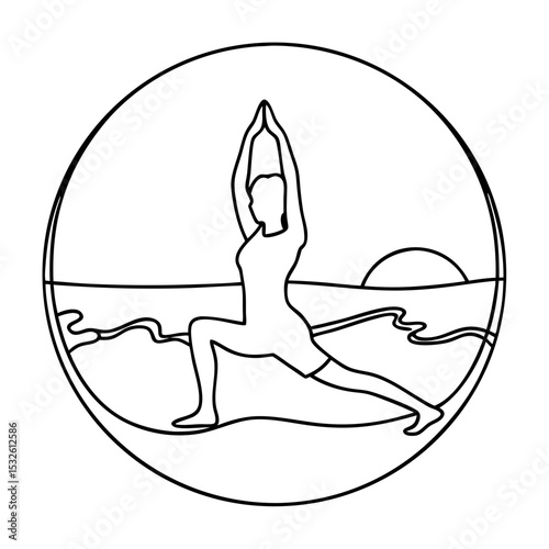Woman practicing yoga on beach at sunset. Yoga pose silhouette in circle design. Simple line art illustration perfect for wellness brochures, yoga studio flyers, or meditation app.