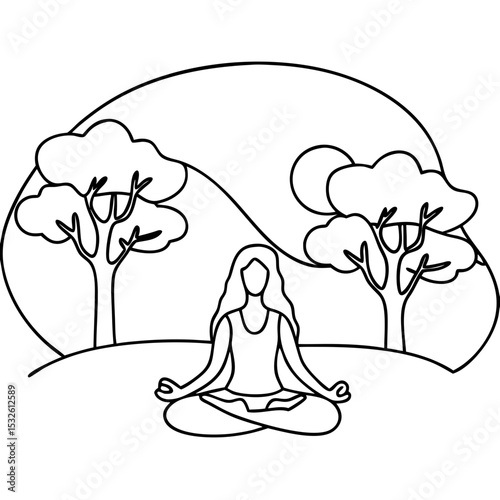 Woman meditating in nature, peaceful pose, calm mind, serene landscape, yoga practice, mindfulness exercise.  Finding inner peace through meditation in tranquil natural surroundings,