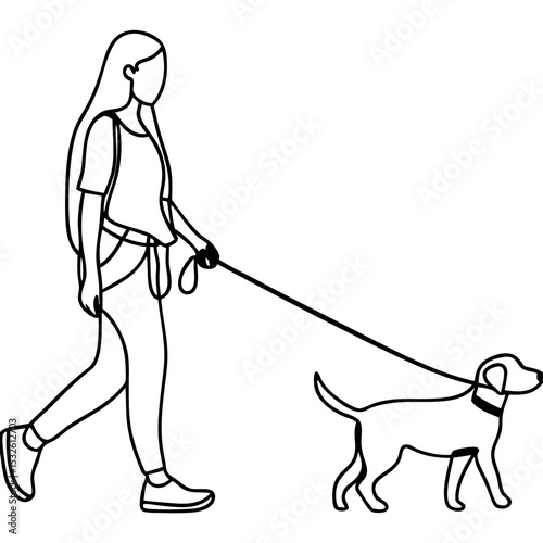 Woman walking dog on leash. Happy woman enjoys leisurely stroll with her pet.  Active lifestyle concept showcasing pet ownership and outdoor recreation. This image is perfect for blogs, websites,