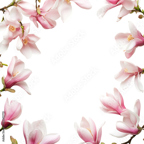 Pink magnolia blossoms arranged in a frame, isolated on transparent background
