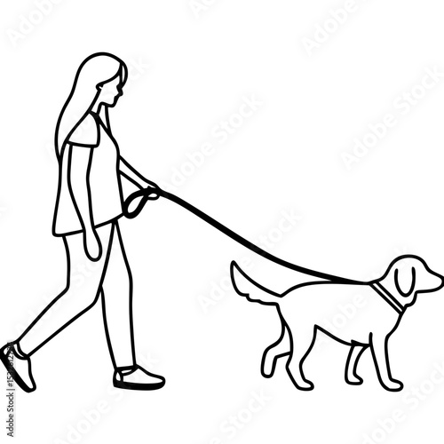 Woman walking dog on leash. Happy owner and pet stroll together outdoors. Enjoying daily walk. Woman and dog friendship concept for pet care blogs and pet adoption campaigns.