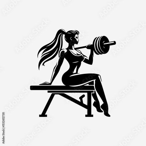Powerful female fitness logo featuring muscular woman flexing bicep on weight bench with barbell in bold silhouette