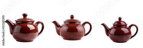 Dark red enameled ceramic teapot set displayed from multiple angles on a transparent background highlighting the glossy finish and design details photo