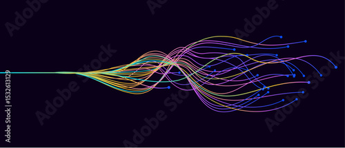 Vector abstract wavy neon light lines artificial intelligence and deep learning concept of neural network. Wave equalizer, sonic, music.