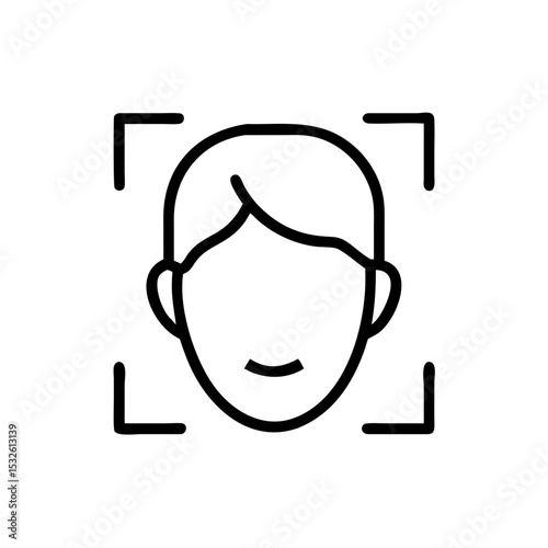 Line icon depicting a face within a scanning frame, symbolizing facial recognition technology and biometric authentication systems.
