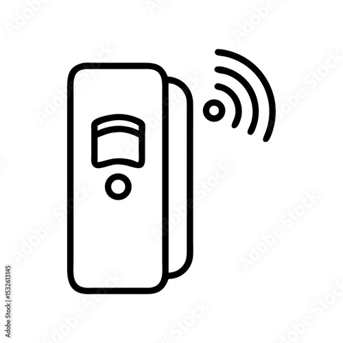 Line icon representing a smart door sensor with wireless signal, used in home automation and security alert systems.
