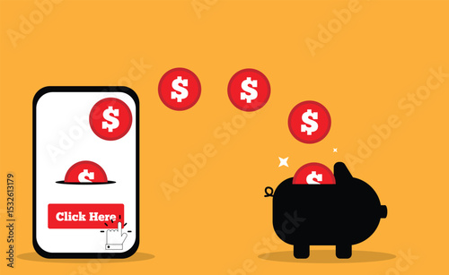 Earning Money with Smartphone and Saving to Piggy Bank. Earn online from a computer or phone and trading currencies vector art