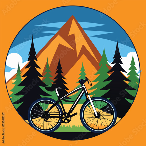 Mountain Bike Adventure Illustration: Cycling in the Wilderness with Forest and Peaks