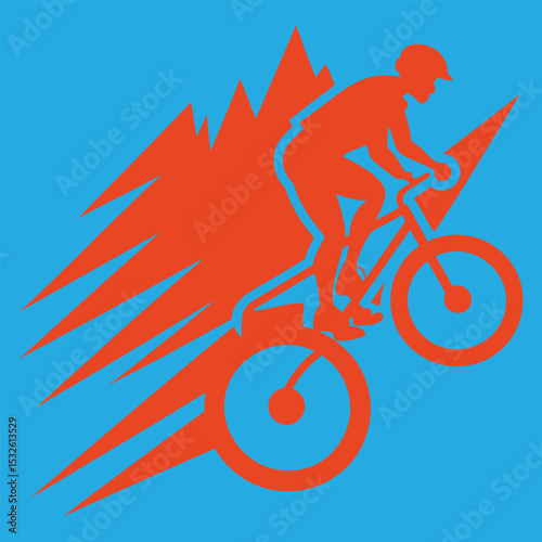 Orange Mountain Biker Silhouette Riding Downhill with Mountain Peaks Illustration Vector