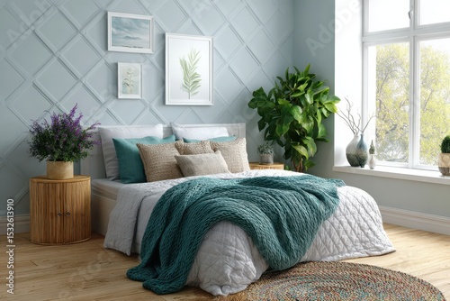 Bedroom interior with bed, pillows, blanket, plants, and decor near window light