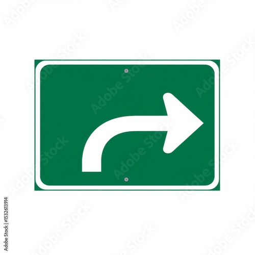 Green Rectangular Road Sign with White Curved Arrow
