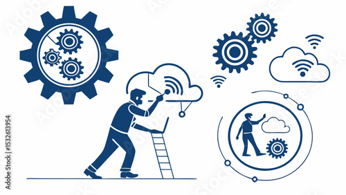 Illustration showing a man climbing a ladder to cloud computing with gears and wifi symbols around him