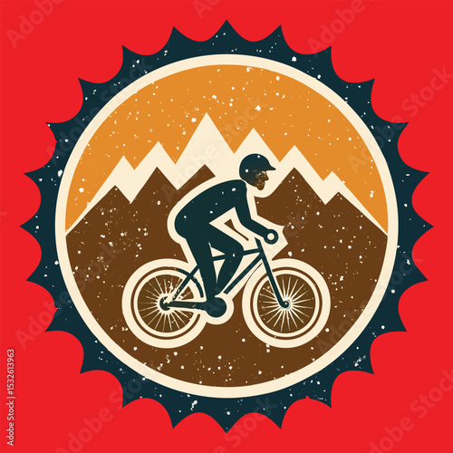 Retro Style Mountain Biker Silhouette Illustration with Distressed Texture and Red Background