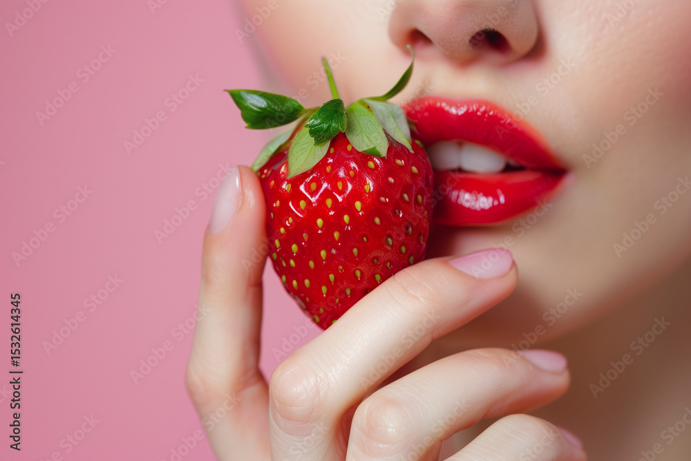 Obraz premium Red lips holding ripe strawberry on pink background. Sensual beauty and summer freshness concept, macro close-up