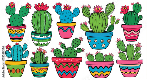 Cute Cartoon Cacti And Succulents In Colorful Pots Pattern