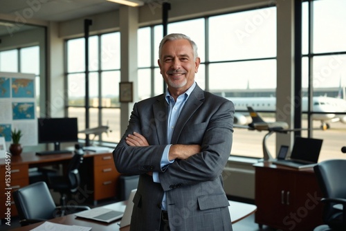 Proud and Experienced Senior Male Aviation Executive in a Corporate Office