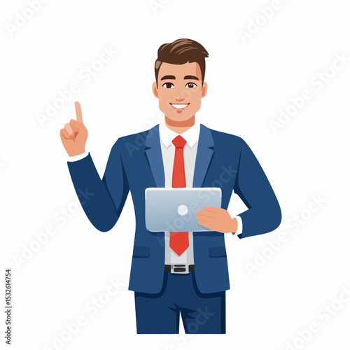 Flat vector of a confident businessman in suit and tie holding a tablet, professional, corporate, technology, modern business, executive, business tech device