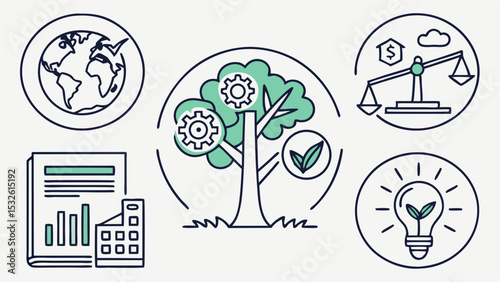 Illustration depicting global sustainability with earth, tree with gears, balance scale, report and lightbulb