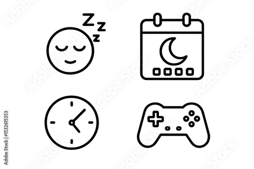Sleep emoji, calendar, clock, and game controller icons