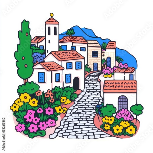 Colorful Village Scene with Flowers and Cobblestone Pathway in Landscape