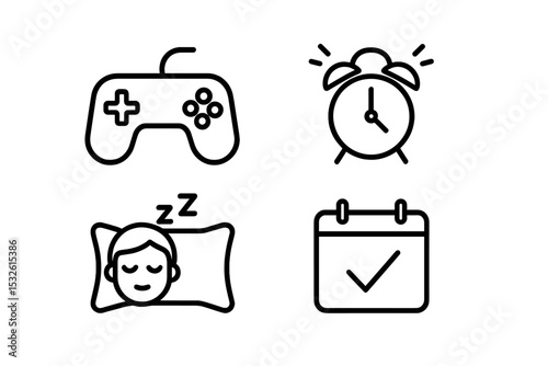 Gaming controller, alarm clock, sleeping person, calendar checklist icons on dark background