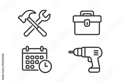 Tool and equipment icons: hammer, wrench, toolbox, calendar, drill