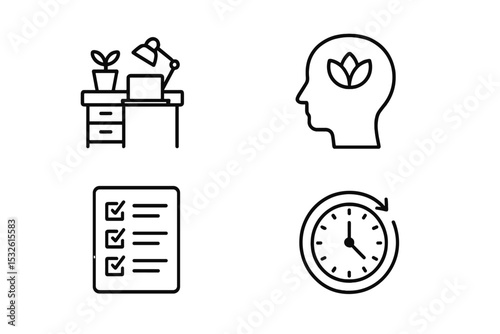 Office productivity icons: desk, mind, checklist, clock symbols for time management