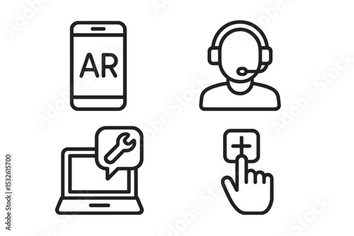 Augmented reality, customer support, repair, and interaction icons on gray background