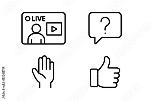 Video call icons: live stream, question, raise hand, thumbs up symbol set