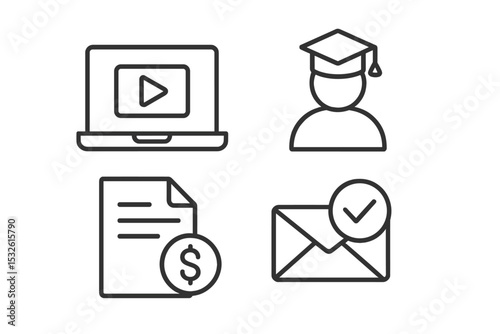 Education icons: online learning, graduate, payment, email verification