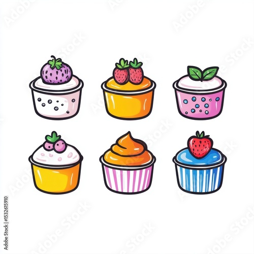 Colorful Cartoon Cupcakes with Creamy Frosting and Fresh Fruit Toppings