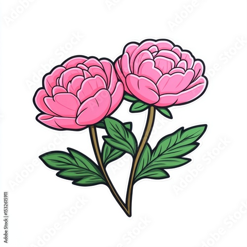 Vibrant Pink Peonies with Lush Green Leaves on Simple White Background