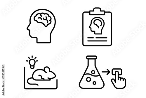 Brain science icons: mental health, research, experiment, analysis