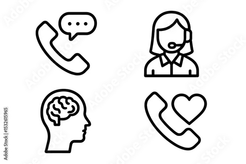 Black communication icons set with phone, chat, support, brain, heart on dark background