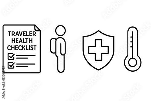 Traveler health checklist icons: document, traveler, medical shield, thermometer