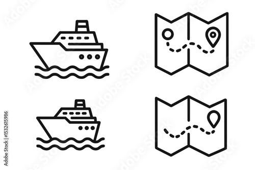 Black nautical and map icons on dark background