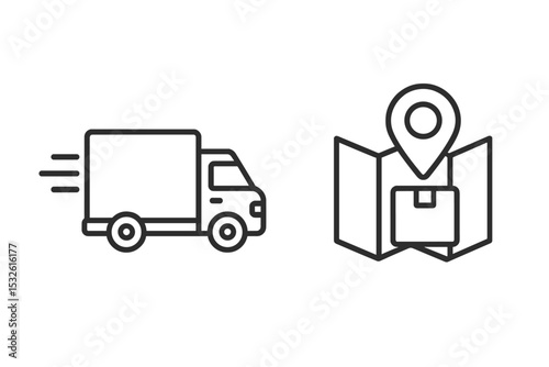 Fast delivery truck and map icon with location pin