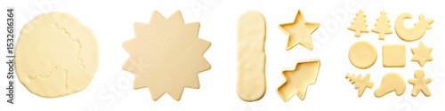 Raw cookie dough and various shaped cookie cutters displayed on a transparent background for holiday baking and Christmas cookie preparation