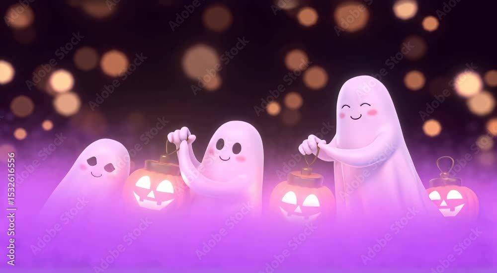 Smiling cartoon ghosts holding pumpkin lanterns, great for Halloween posters, party decor Smiling cartoon ghosts holding pumpkin lanterns, great for Halloween posters, party decor