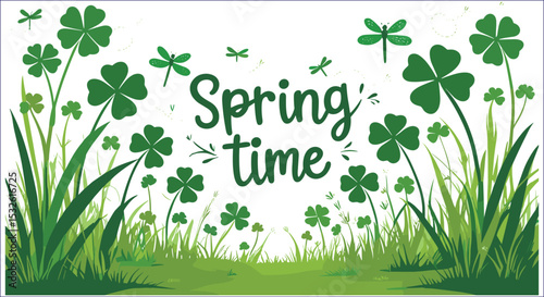 Springtime Clover Field With Dragonflies Vector Background Illustration